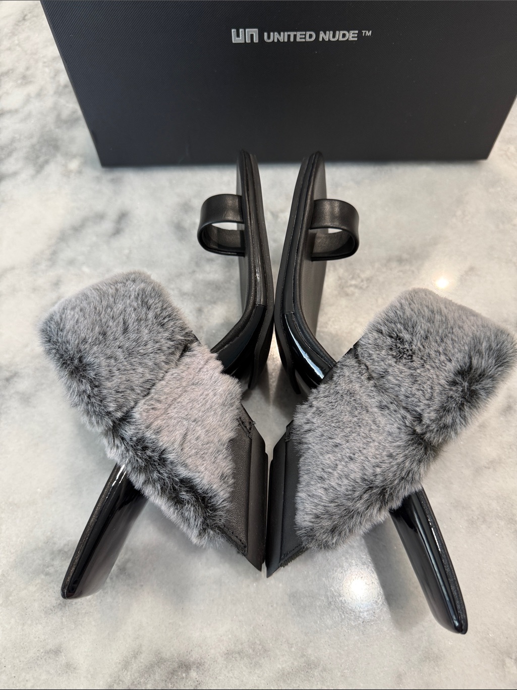United Nude Black Sandals With Gray Faux-Fur Strap